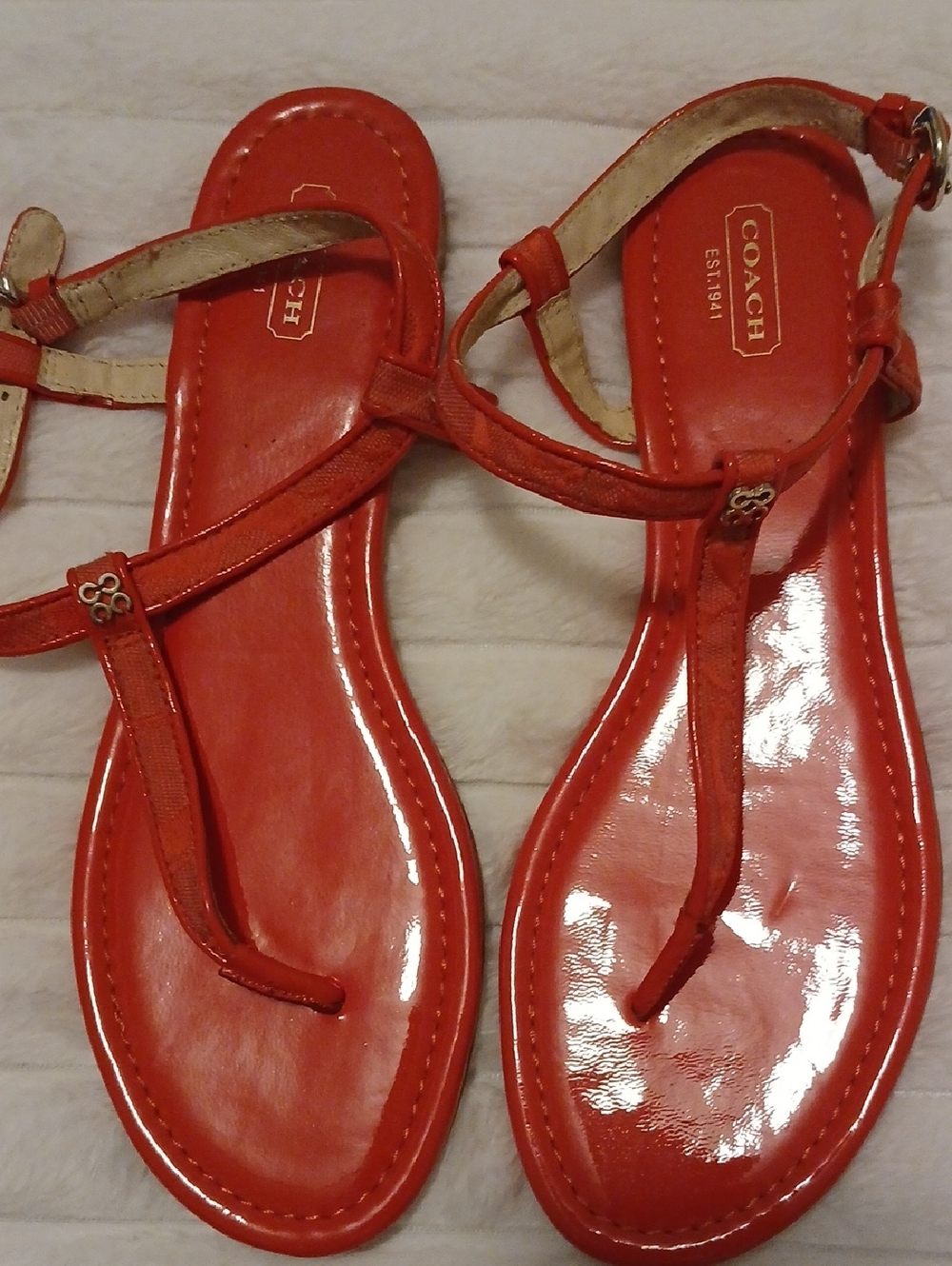 COACH Red Patent T-Strap Sandals with Logo Accent